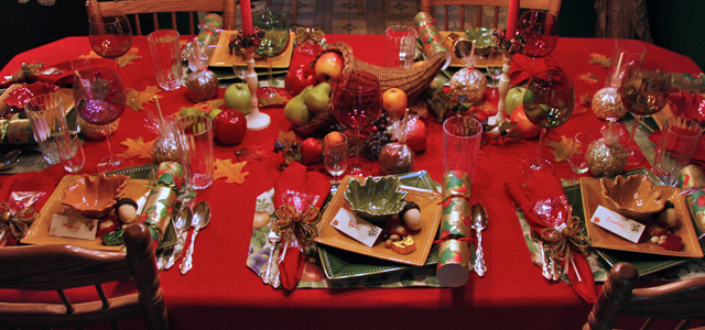 Table setting for autumn equinox Holiday & Hearth Holiday and Hearth Lisa Novelline Lisa Anne Novelline author writer The Dance of Spring craft blog creative blog creativity decorator blog festival celebration summer seasons nature blog Mabon Autumn Equinox Harvest Season Season of the Witch September Thanksgiving tablecloth red apples cornucopia autumn lollipops maple sugar candy