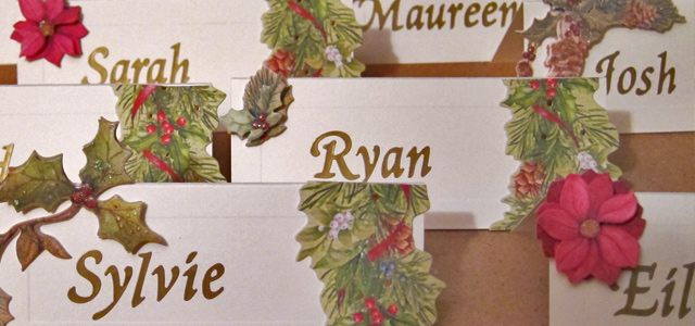 Group of Yule Place Cards Holiday & Hearth Holiday and Hearth Lisa Novelline Lisa Anne Novelline author writer The Dance of Spring craft blog creative blog creativity decorator blog festival celebration seasons nature blog Winter Christmas Yule yuletide Winter Solstice December personalized place cards placards placecards holly cones ivy berries gold names handcrafted