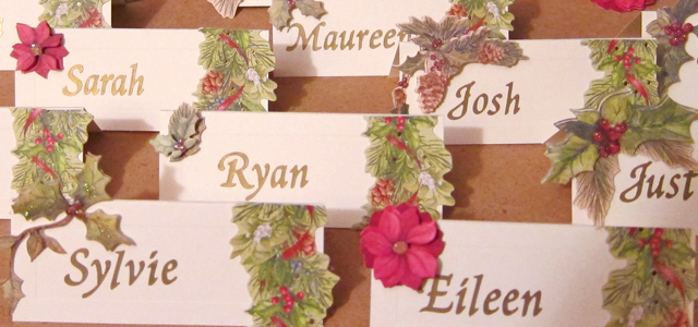 Yule Place Cards Holiday & Hearth Holiday and Hearth Lisa Novelline Lisa Anne Novelline author writer The Dance of Spring craft blog creative blog creativity decorator blog festival celebration seasons nature blog Winter Christmas Yule yuletide Winter Solstice December personalized place cards placards placecards holly cones ivy berries gold names handcrafted