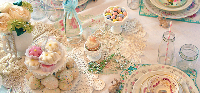 Holiday & Hearth Holiday and Hearth Lisa Novelline Lisa Anne Novelline author writer The Dance of Spring craft blog creative blog creativity vintage roses blog festival celebration seasons nature blog spring equinox easter ostara oestre beltane may day tablescape dining table decor beads Bethany Lowe milk glass bone china bunnies chic shabby cottage french victorian romantic pearls china crochet crocheted cupcakes crystals decorated eggs decoupage doilies