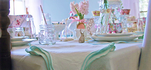 Spring Table Napkins Holiday & Hearth Holiday and Hearth Lisa Novelline Lisa Anne Novelline author writer The Dance of Spring craft blog creative blog creativity vintage roses blog festival celebration seasons nature blog spring equinox easter ostara oestre beltane may day tablescape dining table decor beads Bethany Lowe milk glass bone china bunnies chic shabby cottage french victorian romantic pearls china crochet crocheted cupcakes crystals decorated eggs decoupage 