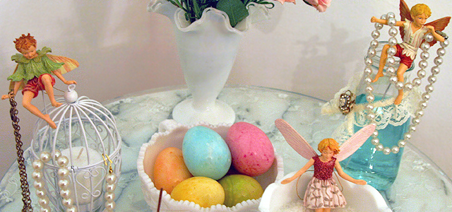 Fairy Table Holiday & Hearth Holiday and Hearth Lisa Novelline Lisa Anne Novelline author writer The Dance of Spring craft blog creative blog creativity vintage roses blog festival celebration seasons nature blog spring equinox easter ostara oestre beltane may day tablescape table decor beads milk glass chic shabby cottage french victorian romantic pearls china decorated eggs fairies milk jar recycled Cicely Mary Barker Wild Thyme Fairy Sycamore Fairy Honeysuckle Fairy cameo summer solstice fair 