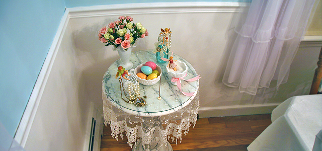 Fairy Side Table Overview marble Holiday & Hearth Holiday and Hearth Lisa Novelline Lisa Anne Novelline author writer The Dance of Spring craft blog creative blog creativity vintage roses blog festival celebration seasons nature blog spring equinox easter ostara oestre beltane may day tablescape table decor beads milk glass chic shabby cottage french victorian romantic pearls china decorated eggs fairies milk jar recycled Cicely Mary Barker Wild Thyme Fairy Sycamore Fairy Honeysuckle Fairy cameo summer solstice fair 