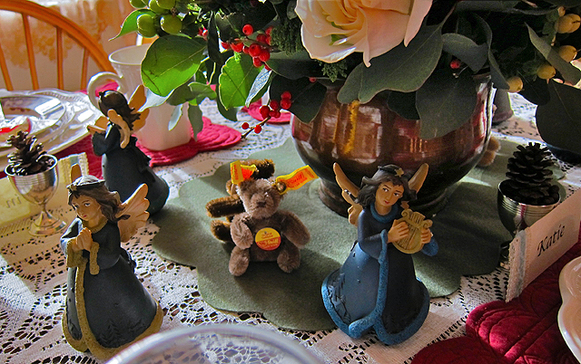 Holiday & Hearth Holiday and Hearth Lisa Novelline Lisa Anne Novelline author writer The Dance of Spring craft blog creative blog creativity blog festival celebration seasons nature blog winter solstice yule angels wooden pyramids Steiff teddy bears natural candy canes table setting Spode Woodland Grove formal fantastic tablescape table decor table centerpiece ideas December Christmas burgundy French quilting burgundy Boutis placemats silver Shaker lace tablecloth Piccadilly and The Fairy Polka