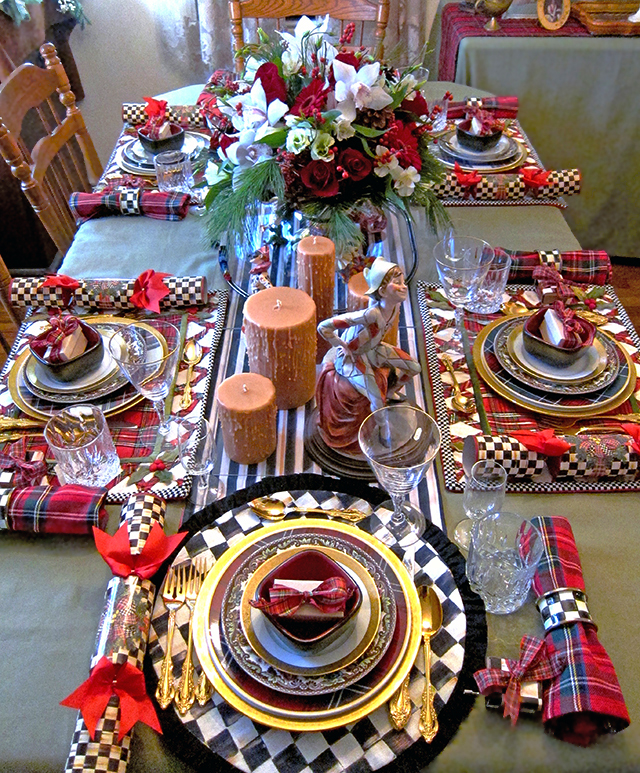 Let's Play! Whimsical Yuletide tablescape featuring MacKenzie Childs Harlequins and Operational Tabletop Model Train
