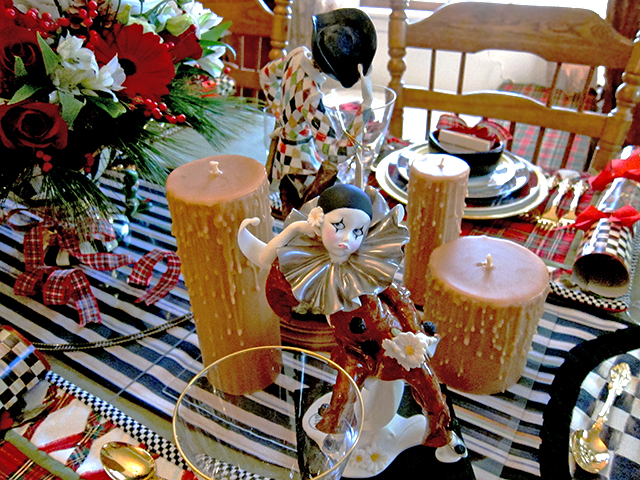 Let's Play! Whimsical Yuletide tablescape featuring MacKenzie Childs Centerpiece
